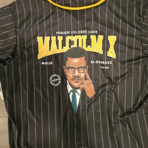 Malcolm X Black History Icon Baseball Jersey Mens 2XL Black Pinstripe Button Up